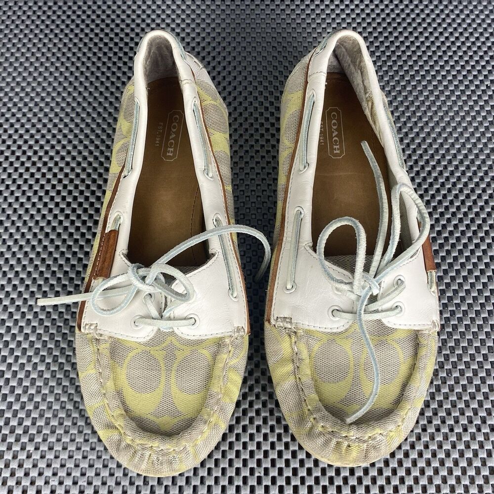 Coach Coralin Boat Deck Slip On Shoes womens Size 8 B Tan Yellow Logo Casual